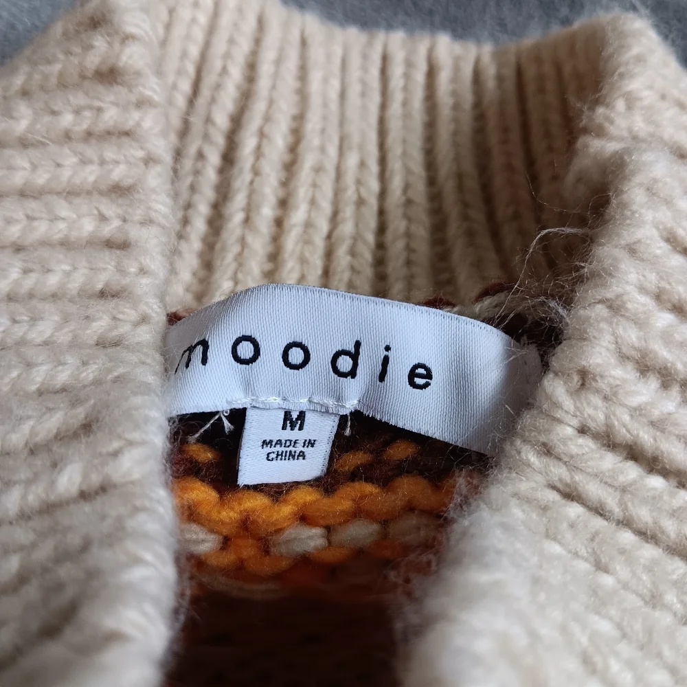 Moodie Medium Boho Western Thick Knit Sweater, Geometric Tan Brown Orange - Picture 6 of 9